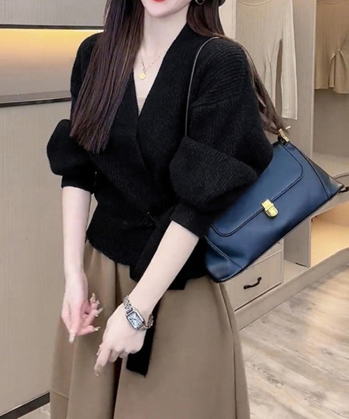 Miniministore(ミニミニストア)の「ニットトップス カシュクールニット 韓国(ニット/セーター・レディース・ブラック/アイボリー/グレー/モカ/グリーン・フリー)」の22枚目の写真