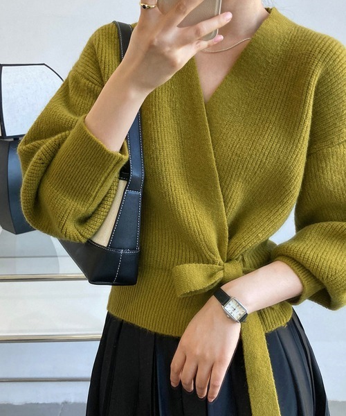 Miniministore(ミニミニストア)の「ニットトップス カシュクールニット 韓国(ニット/セーター・レディース・ブラック/アイボリー/グレー/モカ/グリーン・フリー)」の6枚目の写真