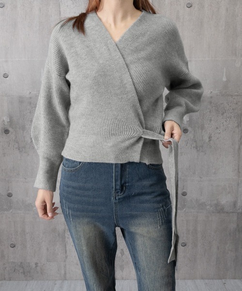 Miniministore(ミニミニストア)の「ニットトップス カシュクールニット 韓国(ニット/セーター・レディース・ブラック/アイボリー/グレー/モカ/グリーン・フリー)」の10枚目の写真