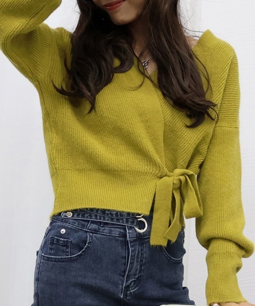 Miniministore(ミニミニストア)の「ニットトップス カシュクールニット 韓国(ニット/セーター・レディース・ブラック/アイボリー/グレー/モカ/グリーン・フリー)」の12枚目の写真
