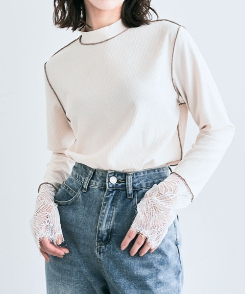 kirakiraShop(キラキラショップ)の「袖レース リブ トップス(Tシャツ/カットソー・レディース・ベージュ/ブルー/ブラック/クリーム・L/M)」の4枚目の写真