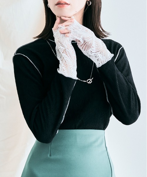 kirakiraShop(キラキラショップ)の「袖レース リブ トップス(Tシャツ/カットソー・レディース・ベージュ/ブルー/ブラック/クリーム・L/M)」の5枚目の写真