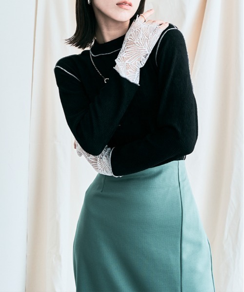 kirakiraShop(キラキラショップ)の「袖レース リブ トップス(Tシャツ/カットソー・レディース・ベージュ/ブルー/ブラック/クリーム・L/M)」の8枚目の写真