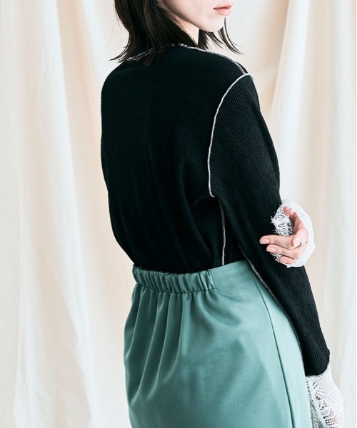 kirakiraShop(キラキラショップ)の「袖レース リブ トップス(Tシャツ/カットソー・レディース・ベージュ/ブルー/ブラック/クリーム・L/M)」の9枚目の写真