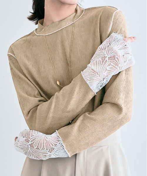 kirakiraShop(キラキラショップ)の「袖レース リブ トップス(Tシャツ/カットソー・レディース・ベージュ/ブルー/ブラック/クリーム・L/M)」の12枚目の写真