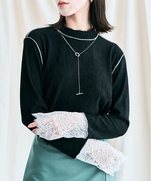 kirakiraShop(キラキラショップ)の「袖レース リブ トップス(Tシャツ/カットソー・レディース・ベージュ/ブルー/ブラック/クリーム・L/M)」の6枚目の写真