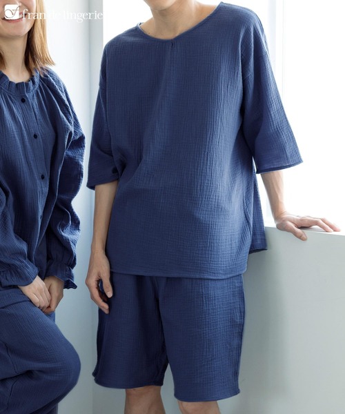 【セール】コットン100%のWガーゼ シンプルな楽ちんなプルオーバー 「ふわリラガーゼ かぶり上下セット」 かぶり上下セット(ルームウェア/パジャマ)|fran de lingerie(フランデランジェリー)