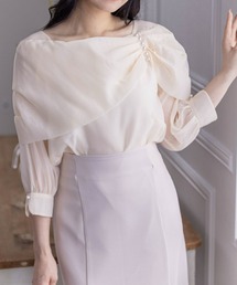 肩パールシフォン七分袖ブラウス［大人 フェミニン 上品］≪再入荷≫