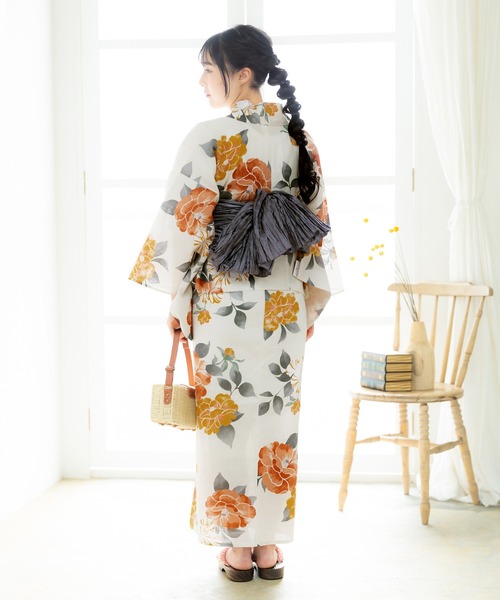 kimonomachi（キモノマチ）の「【投入廃止】レディース　浴衣 セパレート浴衣 3点セット 浴衣　簡単　（二部式浴衣＋しわ兵児帯＋下駄) Fサイズ　クレマチス柄な　ピンク　グレー　ネイビー（浴衣・レディース・アッシュグレー/ダークグリーン/ピンク系/ダークネイビー/オレンジ系/ライトグレー/ネイビー・FREE）」の21枚目の写真