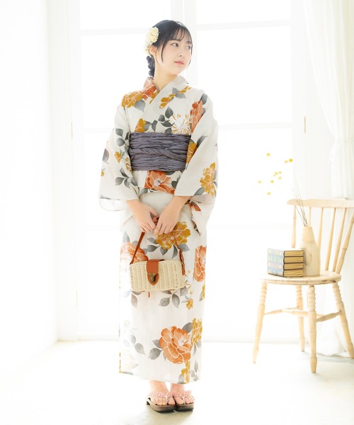 kimonomachi（キモノマチ）の「【投入廃止】レディース　浴衣 セパレート浴衣 3点セット 浴衣　簡単　（二部式浴衣＋しわ兵児帯＋下駄) Fサイズ　クレマチス柄な　ピンク　グレー　ネイビー（浴衣・レディース・アッシュグレー/ダークグリーン/ピンク系/ダークネイビー/オレンジ系/ライトグレー/ネイビー・FREE）」の22枚目の写真