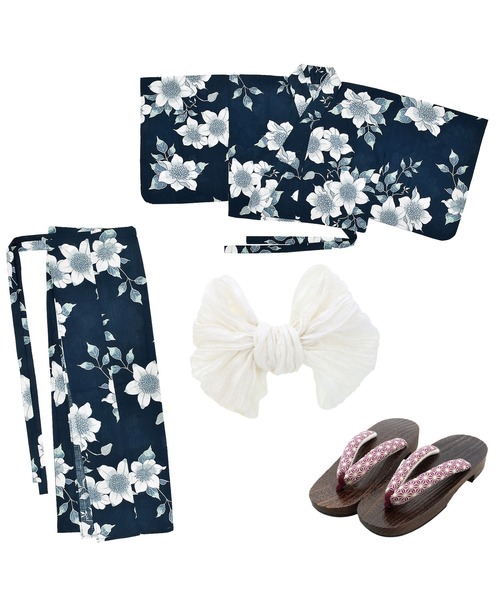 kimonomachi（キモノマチ）の「【投入廃止】レディース　浴衣 セパレート浴衣 3点セット 浴衣　簡単　（二部式浴衣＋しわ兵児帯＋下駄) Fサイズ　クレマチス柄な　ピンク　グレー　ネイビー（浴衣・レディース・アッシュグレー/ダークグリーン/ピンク系/ダークネイビー/オレンジ系/ライトグレー/ネイビー・FREE）」の8枚目の写真