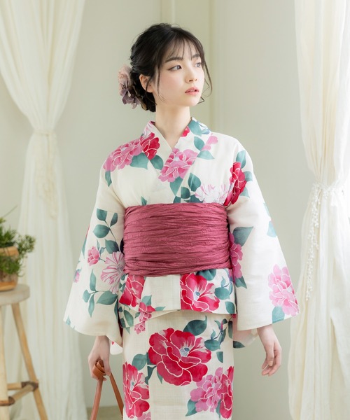 kimonomachi（キモノマチ）の「【投入廃止】レディース　浴衣 セパレート浴衣 3点セット 浴衣　簡単　（二部式浴衣＋しわ兵児帯＋下駄) Fサイズ　クレマチス柄な　ピンク　グレー　ネイビー（浴衣・レディース・アッシュグレー/ダークグリーン/ピンク系/ダークネイビー/オレンジ系/ライトグレー/ネイビー・FREE）」の15枚目の写真