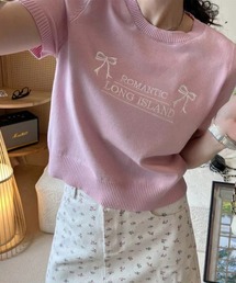 リボン刺繍ニットプルオーバー/半袖ニットトップス