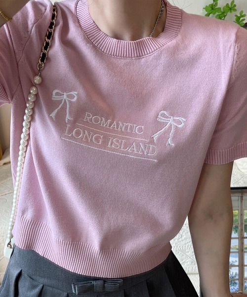 leune（ルネ）の「リボン刺繍ニットプルオーバー/半袖ニットトップス（ニット/セーター・レディース・アイボリー/ピンク/ブラック・FREE）」の6枚目の写真
