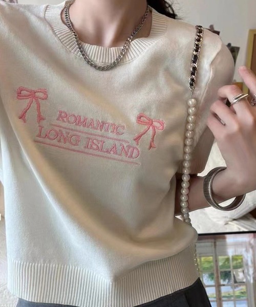 leune（ルネ）の「リボン刺繍ニットプルオーバー/半袖ニットトップス（ニット/セーター・レディース・アイボリー/ピンク/ブラック・FREE）」の7枚目の写真