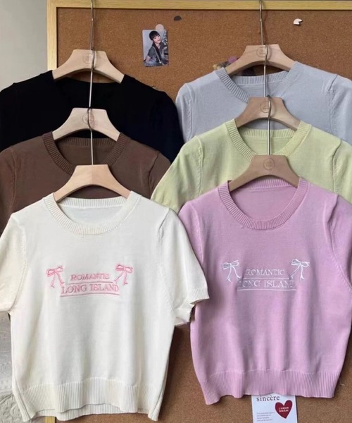 leune（ルネ）の「リボン刺繍ニットプルオーバー/半袖ニットトップス（ニット/セーター・レディース・アイボリー/ピンク/ブラック・FREE）」の8枚目の写真