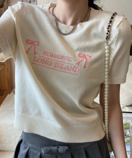 leune（ルネ）の「リボン刺繍ニットプルオーバー/半袖ニットトップス（ニット/セーター・レディース・アイボリー/ピンク/ブラック・FREE）」の10枚目の写真