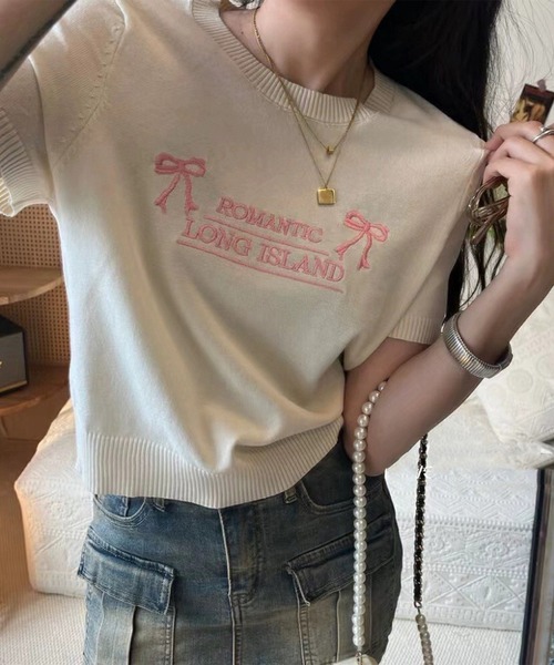 leune（ルネ）の「リボン刺繍ニットプルオーバー/半袖ニットトップス（ニット/セーター・レディース・アイボリー/ピンク/ブラック・FREE）」の11枚目の写真