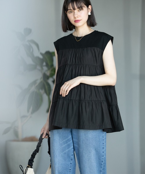 OPAQUE.CLIP(オペークドットクリップ)の「◆ティアードドッキングフレンチスリーブトップス【洗濯機洗い可】(Tシャツ/カットソー・レディース・ホワイト/ブラック/ライトグリーン・36/38/40/42)」の2枚目の写真