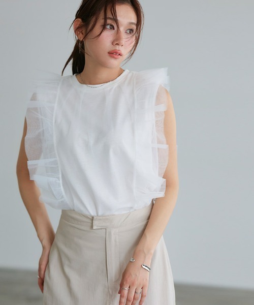 Pierrot(ピエロ)の「チュールフリルカットソー(Tシャツ/カットソー・レディース・ブラック/オフホワイト・M/L)」の16枚目の写真