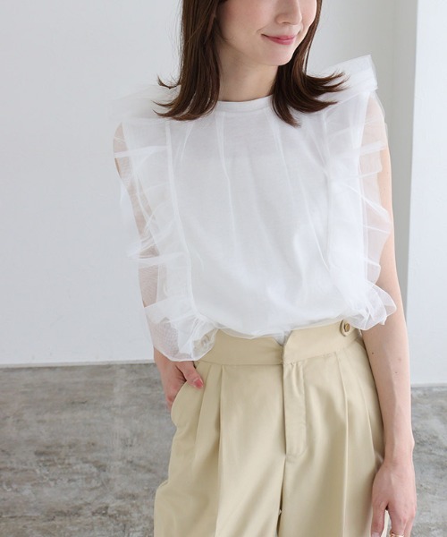 Pierrot(ピエロ)の「チュールフリルカットソー(Tシャツ/カットソー・レディース・ブラック/オフホワイト・M/L)」の3枚目の写真