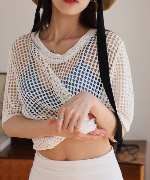 Girly Doll（ガーリードール）の「クロシェサマーニットトップス（ニット/セーター・レディース・ベージュ/モカ/ブラック/ホワイト・F）」の6枚目の写真