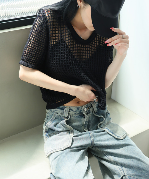 Girly Doll（ガーリードール）の「クロシェサマーニットトップス（ニット/セーター・レディース・ベージュ/モカ/ブラック/ホワイト・F）」の10枚目の写真