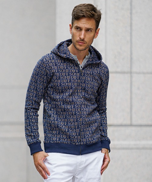 SOMEDIFF（サムディフ）の「【SOMEDIFF】総柄ジャガードフルジップパーカー メンズ（パーカー・メンズ・ホワイト/ネイビー・M/L/XL）」の2枚目の写真