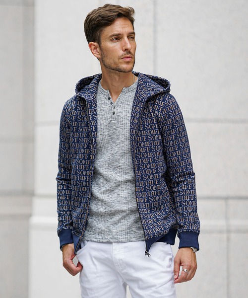 SOMEDIFF（サムディフ）の「【SOMEDIFF】総柄ジャガードフルジップパーカー メンズ（パーカー・メンズ・ホワイト/ネイビー・M/L/XL）」の16枚目の写真