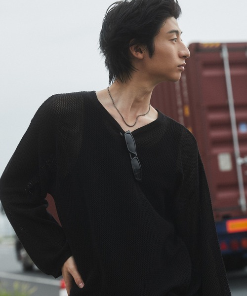 SHORT ROUND（ショートラウンド）の「SHORT ROUND/メッシュニットプルオーバー（ニット/セーター・メンズ・オフホワイト/ブラック・MEDIUM/LARGE）」の5枚目の写真