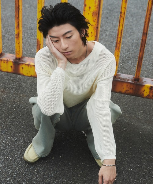 SHORT ROUND（ショートラウンド）の「SHORT ROUND/メッシュニットプルオーバー（ニット/セーター・メンズ・オフホワイト/ブラック・MEDIUM/LARGE）」の8枚目の写真