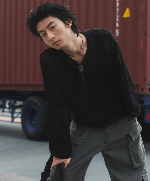 SHORT ROUND（ショートラウンド）の「SHORT ROUND/メッシュニットプルオーバー（ニット/セーター・メンズ・オフホワイト/ブラック・MEDIUM/LARGE）」の9枚目の写真