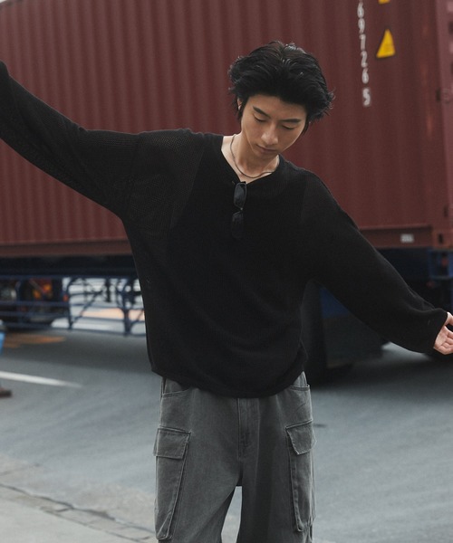 SHORT ROUND（ショートラウンド）の「SHORT ROUND/メッシュニットプルオーバー（ニット/セーター・メンズ・オフホワイト/ブラック・MEDIUM/LARGE）」の11枚目の写真