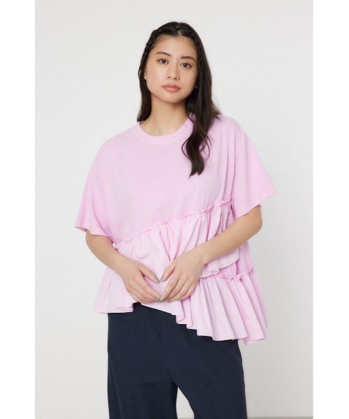 VICOLO 売れ筋商品|||ヴィコロ Tシャツ トップス レディース Tops Pink セール】ピグメントフリルドッキングトップス（Tシャツ