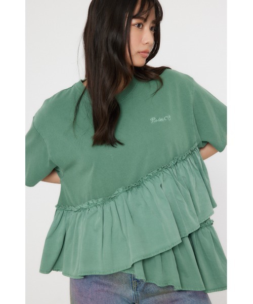 RODEO CROWNS WIDE BOWL(ロデオクラウンズワイドボウル)の「ピグメントフリルドッキングトップス(Tシャツ/カットソー・レディース・オフホワイト/ブラック/ピンク/グリーン・FREE)」の3枚目の写真