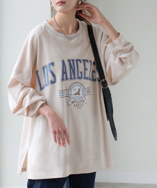 HUG.U(ハグユー)の「【選べる!半袖冷感 / 長袖】ロゴT「オーバーサイズ」(Tシャツ/カットソー・レディース・ベージュ/ネイビー/グレー系その他2/ホワイト/ライトグレー/レッド/ピンク/ライトカーキ/ホワイト系その他/ブラック/グレー系その他/ライトベージュ/ブラック系その他2/ベージュ系その他2/ホワイト系その他2/グレー系その他3/グリーン系その他2・FREE)」の11枚目の写真