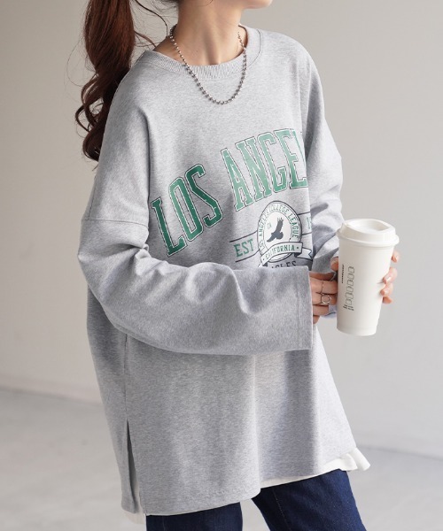 HUG.U(ハグユー)の「【選べる!半袖冷感 / 長袖】ロゴT「オーバーサイズ」(Tシャツ/カットソー・レディース・ベージュ/ネイビー/グレー系その他2/ホワイト/ライトグレー/レッド/ピンク/ライトカーキ/ホワイト系その他/ブラック/グレー系その他/ライトベージュ/ブラック系その他2/ベージュ系その他2/ホワイト系その他2/グレー系その他3/グリーン系その他2・FREE)」の6枚目の写真