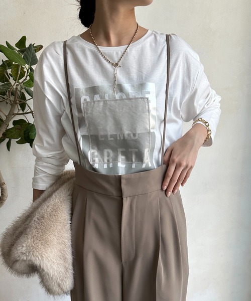 DouDou(ドゥドゥ)の「【WEB限定】ロゴオーガンジーロンTEE(Tシャツ/カットソー・レディース・チャコールグレー/オフホワイト/ブラック・FREE)」の3枚目の写真