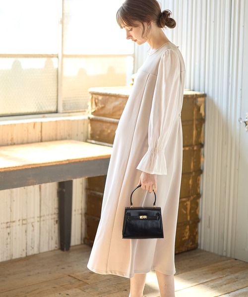 セール】シフォンスリーブ ストレッチジョーゼットワンピース セール】シフォンスリーブ ストレッチジョーゼットワンピース