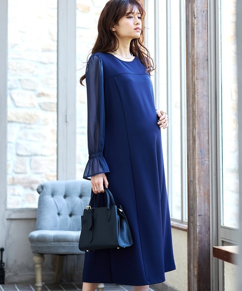 セール】シフォンスリーブ ストレッチジョーゼットワンピース
