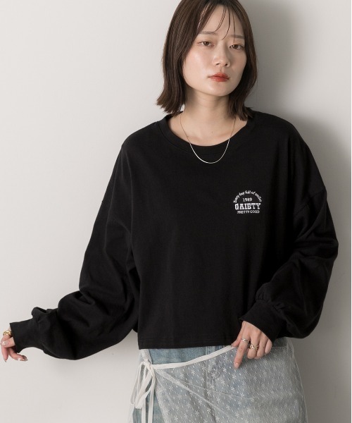 tシャツ 刺繍ショートTシャツ レディース セール】ロゴ刺繍 ショート丈ロングTシャツ（Tシャツ/カットソー