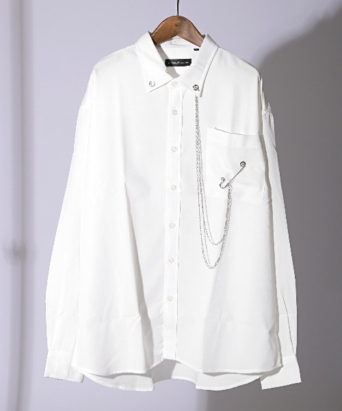 LUXSTYLE(ラグスタイル)の「チェーンピン付き無地ポリレーヨンビッグ長袖シャツ(シャツ/ブラウス・メンズ・ホワイト×ブラック/ホワイト/ブラック・FREE)」の2枚目の写真