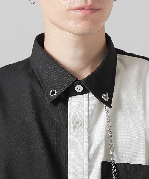 LUXSTYLE(ラグスタイル)の「チェーンピン付き無地ポリレーヨンビッグ長袖シャツ(シャツ/ブラウス・メンズ・ホワイト×ブラック/ホワイト/ブラック・FREE)」の6枚目の写真