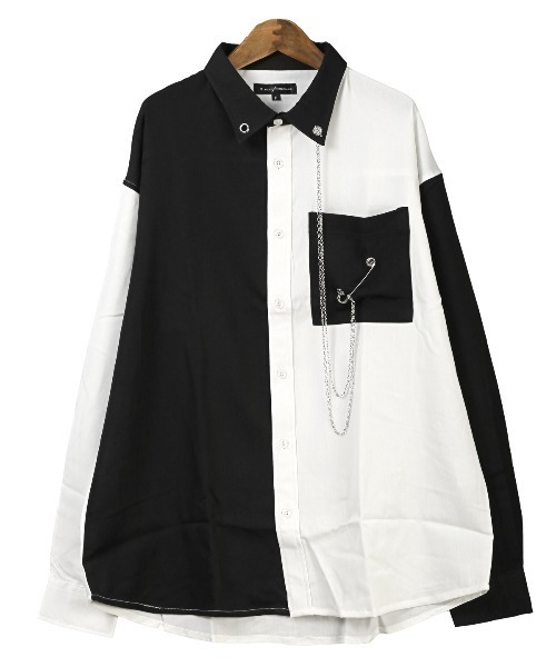 LUXSTYLE(ラグスタイル)の「チェーンピン付き無地ポリレーヨンビッグ長袖シャツ(シャツ/ブラウス・メンズ・ホワイト×ブラック/ホワイト/ブラック・FREE)」の12枚目の写真