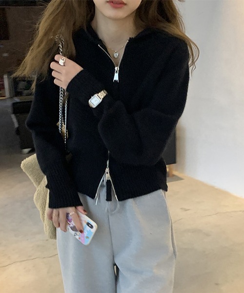 HALEY PESCA(ヘーリーペスカ)の「HALEY PESCA/ダブルジップ ショート丈 ニットパーカー(パーカー・レディース・ホワイト/グレー/ブラック/ベージュ/ブラウン・MEDIUM/SMALL)」の6枚目の写真