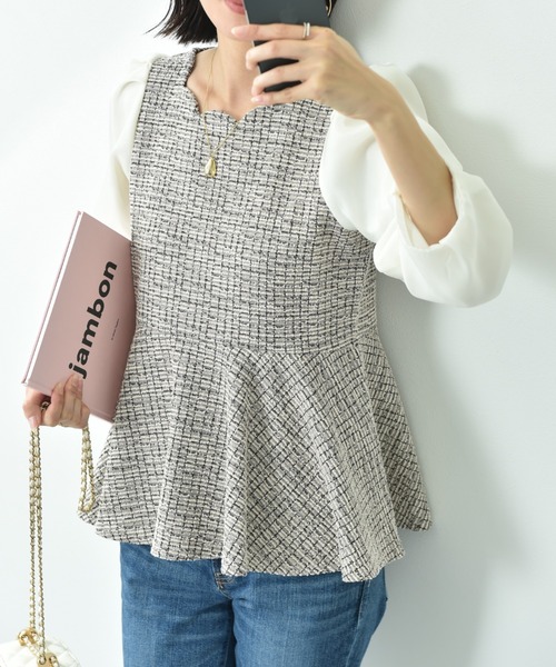 【セール】カットツイード袖シアーペプラムプルオーバー（Tシャツ/カットソー）｜INTERPLANET（インタープラネット）