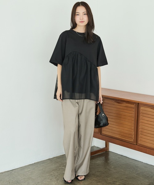 【コットン100/洗える】チュール切替えデザインカットソー セール】チュール切替プルオーバー（Tシャツ/カットソー