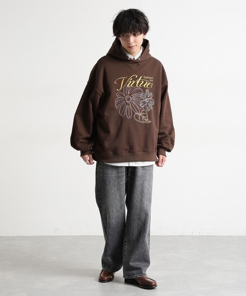 RAGEBLUE（レイジブルー）の「フラワー刺繍/ヘビーウェイト/裏毛スウェットパーカー（パーカー・メンズ・ブラック/アイボリー/ブラウン/ライトグレー・MEDIUM/LARGE）」の22枚目の写真