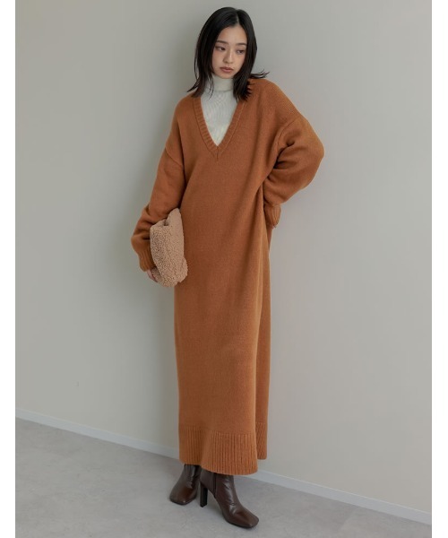 [低身長サイズ有][体型カバー][洗濯機で洗える]Vネックブークレニットワンピース（ワンピース）｜Re:EDIT（リエディ）