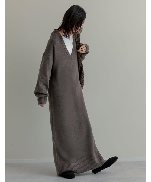 [低身長サイズ有][体型カバー][洗濯機で洗える]Vネックブークレニットワンピース（ワンピース）｜Re:EDIT（リエディ）